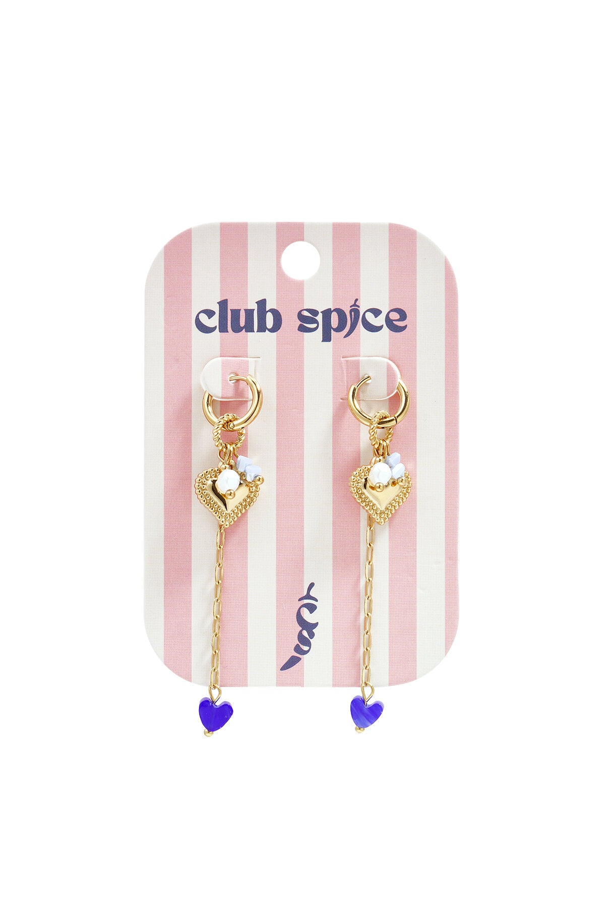 Small hoop earrings with long chain, heart and beads