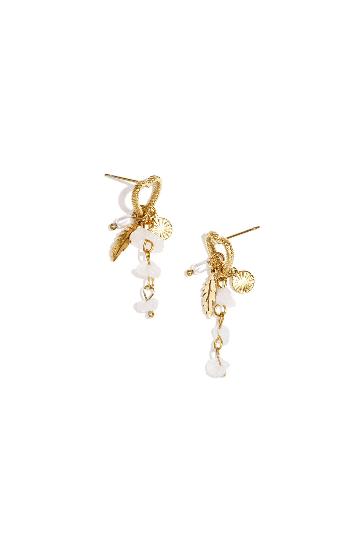 Heart earrings with pearl pendant, white stones and feather