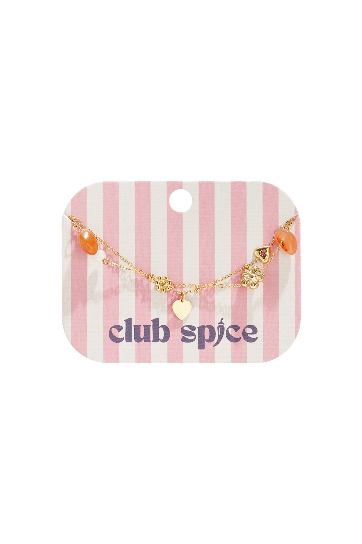 Charm bracelet with orange beads, flowers and hearts
