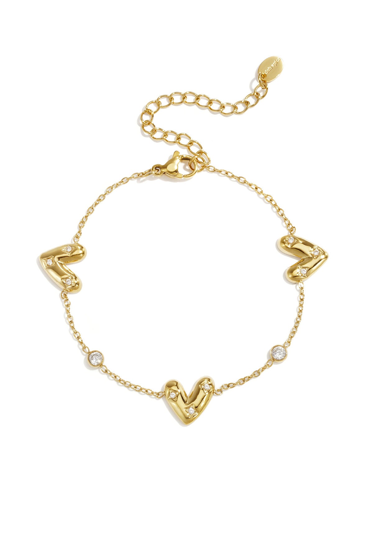 Bracelet with three set hearts and round cubic zirconia stones