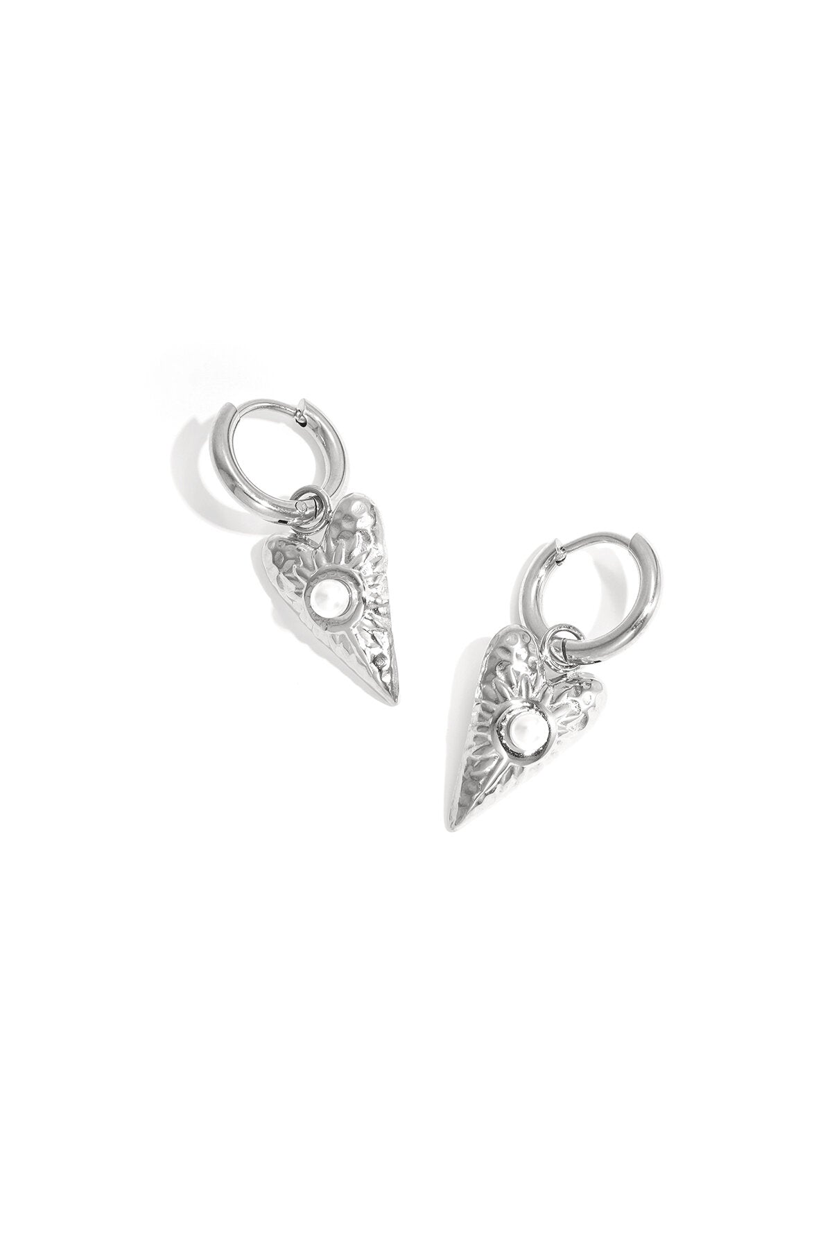 Small earrings with long heart charm with pearl