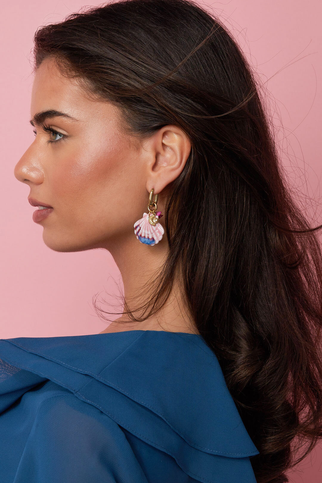 Earrings with large shell and bead charms