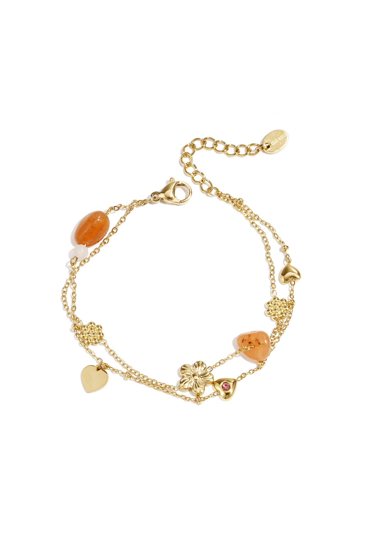 Charm bracelet with orange beads, flowers and hearts