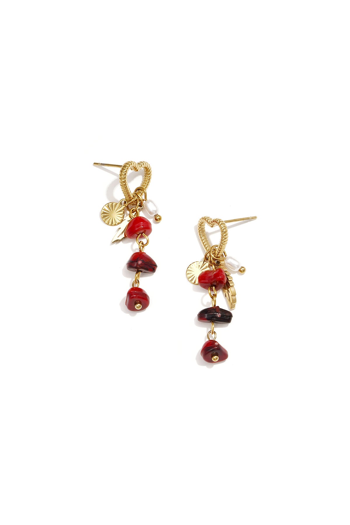 Heart earrings with pearl pendant, white stones and feather