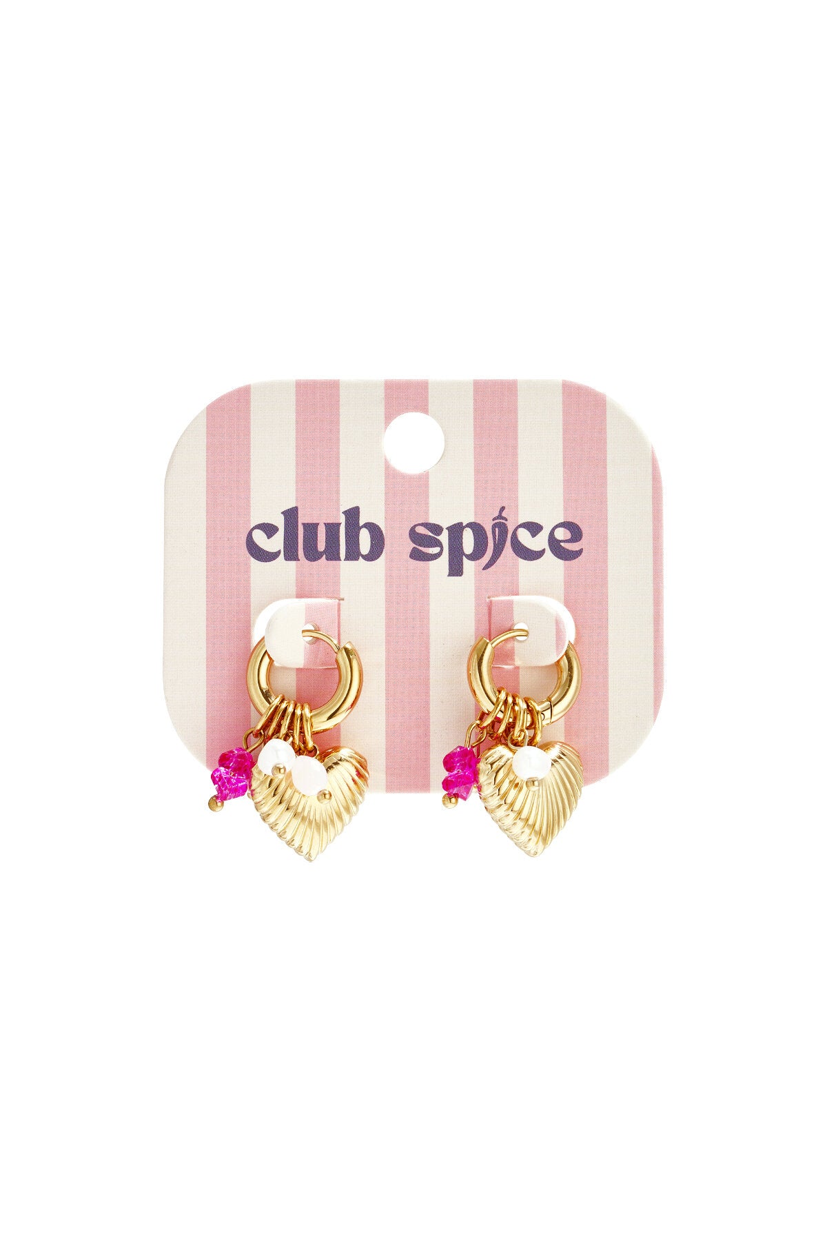 Small hoop earrings with dangling pearls, beads, and a heart