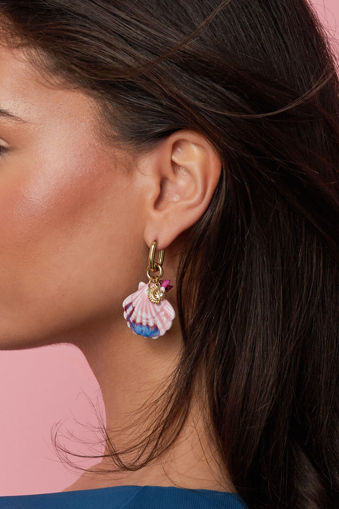 Earrings with large shell and bead charms