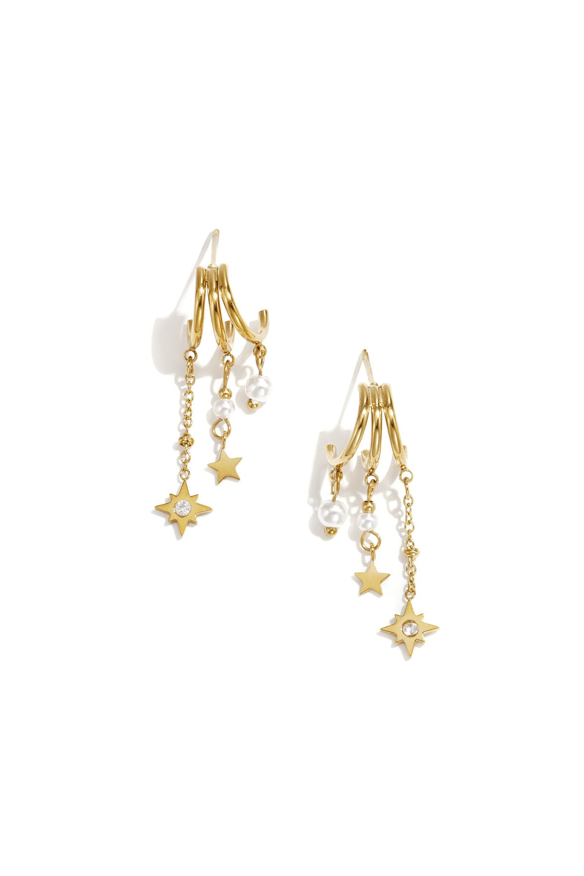 Triple earrings with pearl and star pendants