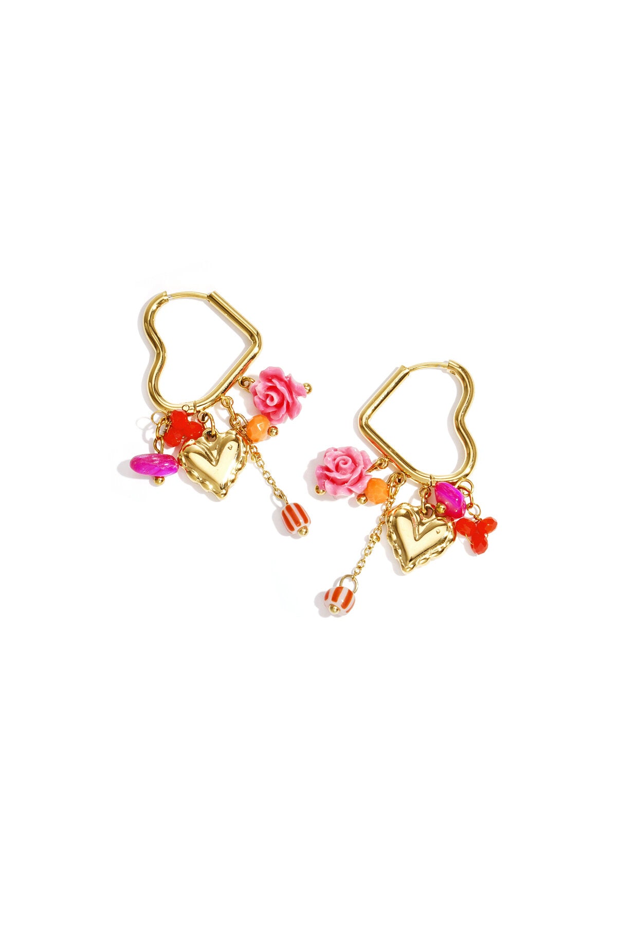 Heart-shaped hoop earrings with beaded pendants and charms