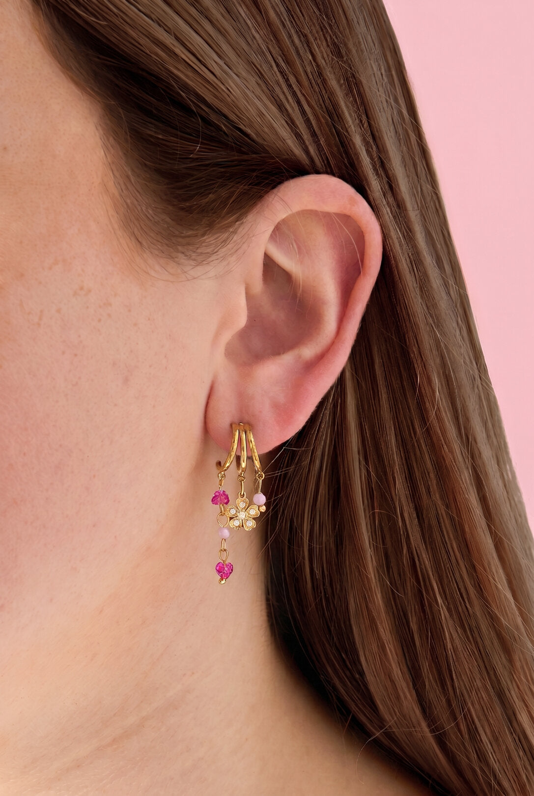 Triple earrings with flower charm and beads