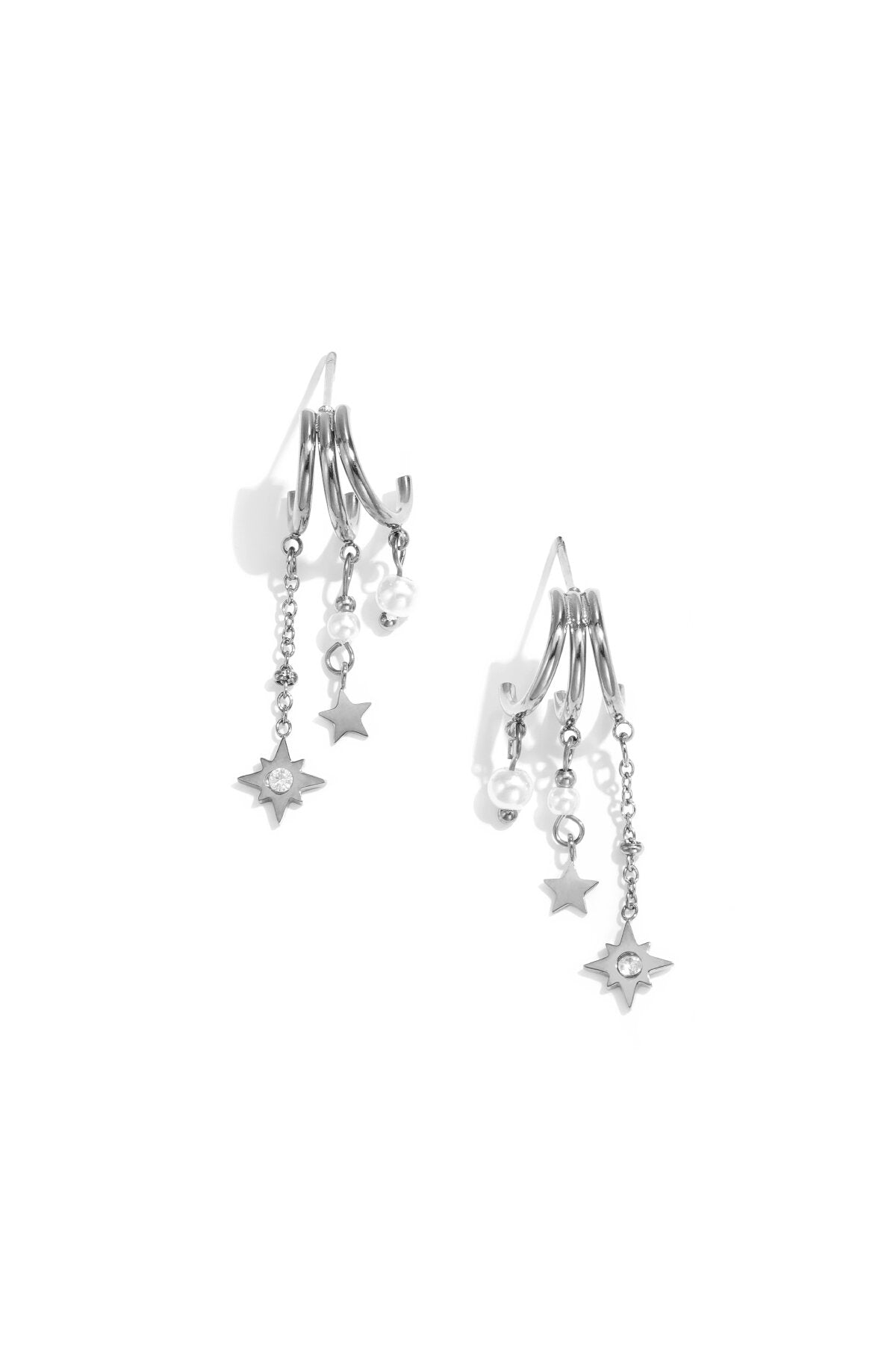 Triple earrings with pearl and star pendants