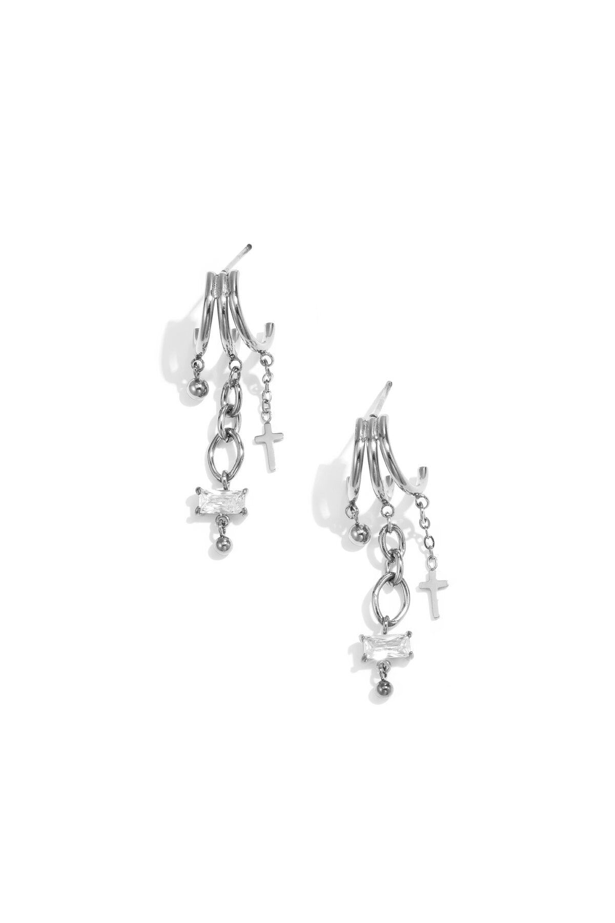 Triple earrings with cubic zirconia and cross charm