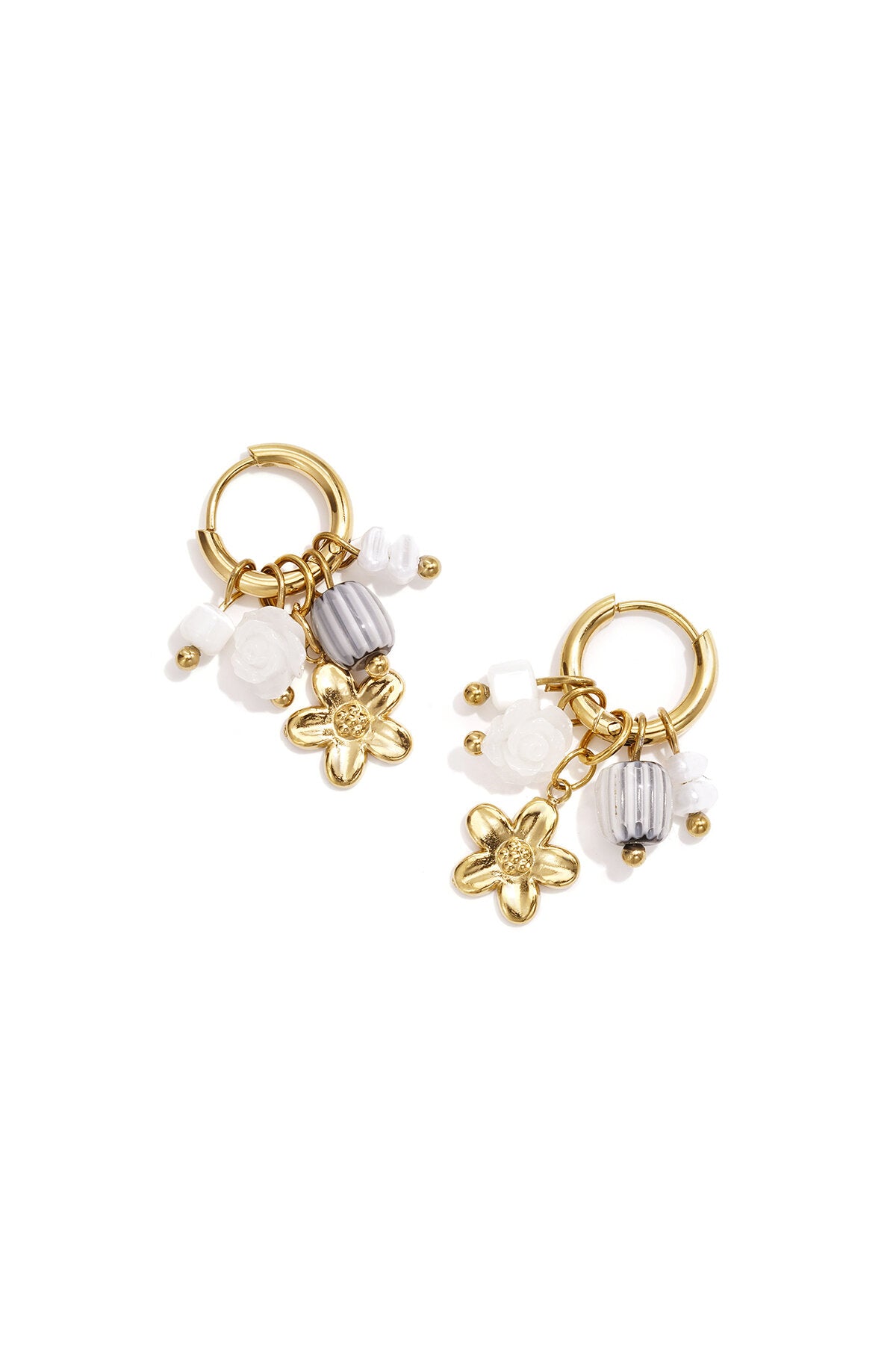 Small hoop earrings with flower, beads and rose pendant