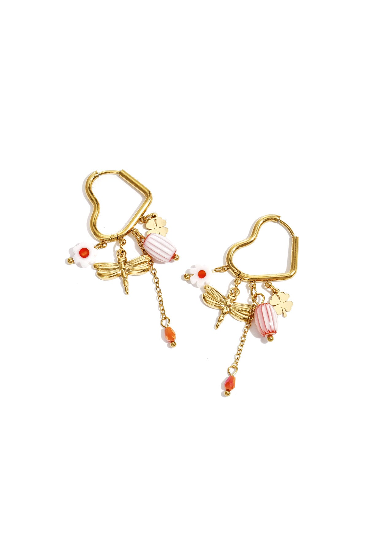 Heart-shaped hoop earrings with beaded pendants and charms