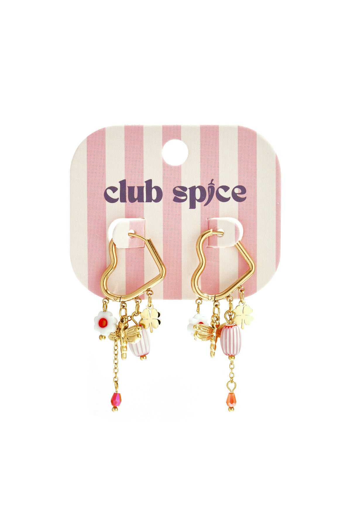 Heart-shaped hoop earrings with beaded pendants and charms