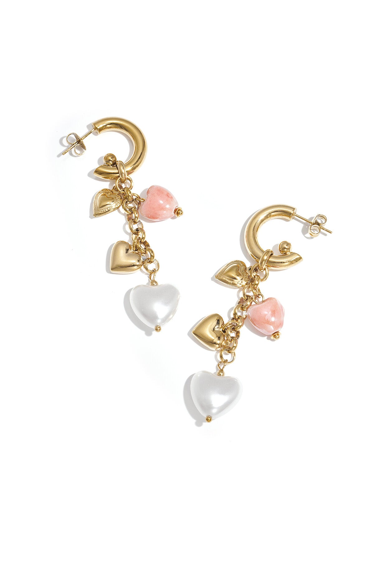 Earrings with dangling heart charms and pearls