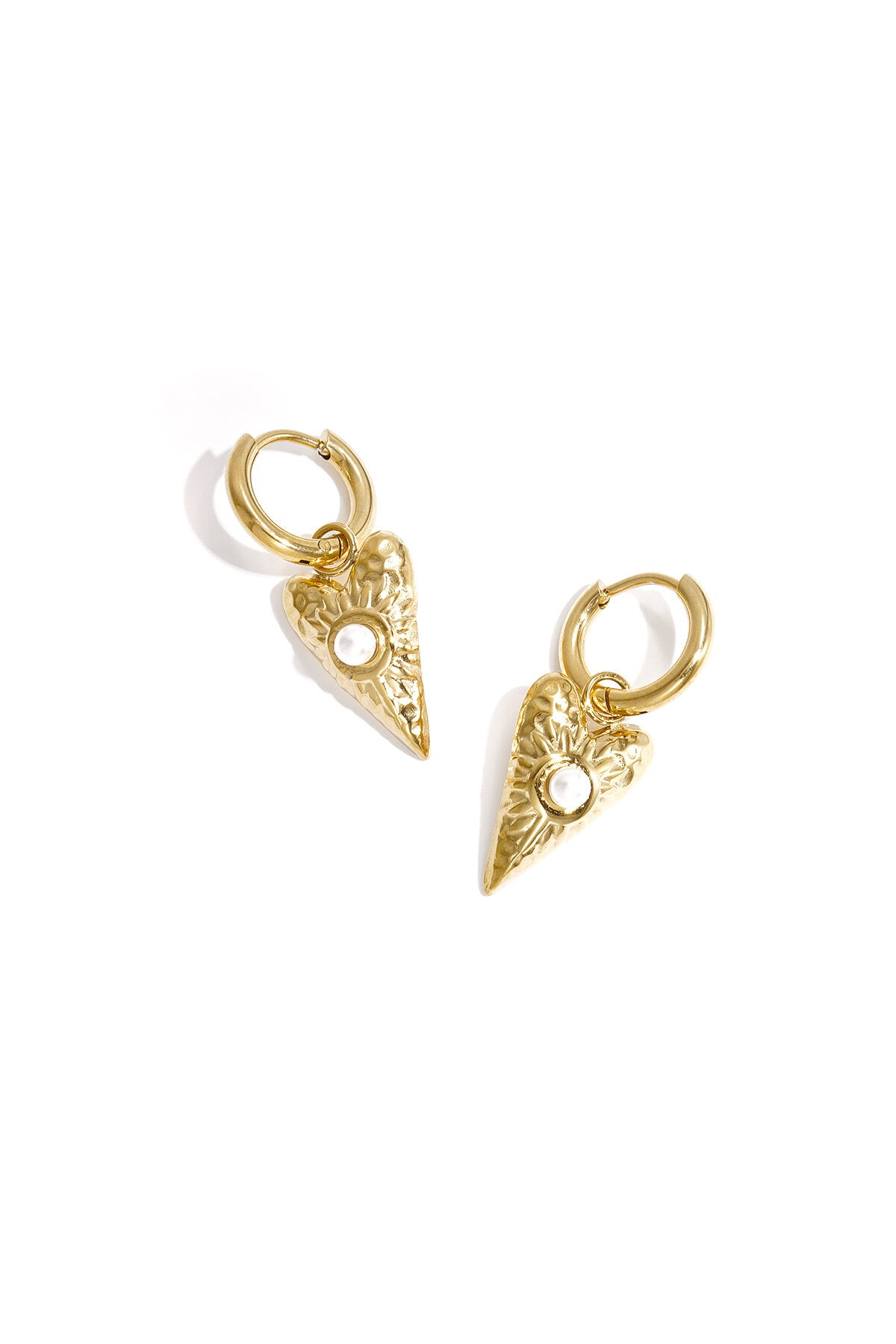 Small earrings with long heart charm with pearl