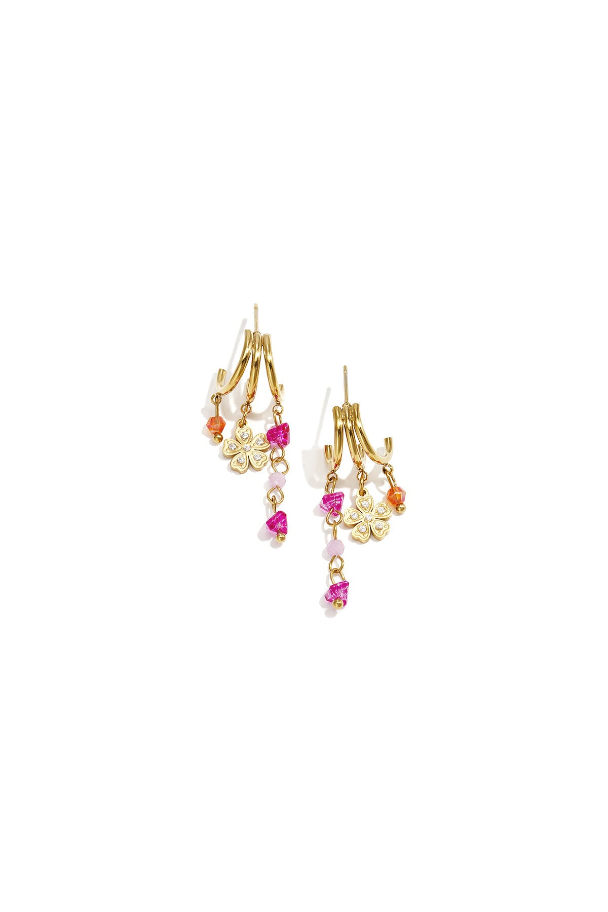 Triple earrings with flower charm and beads