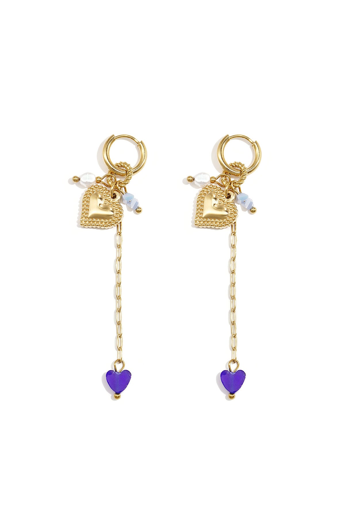 Small hoop earrings with long chain, heart and beads