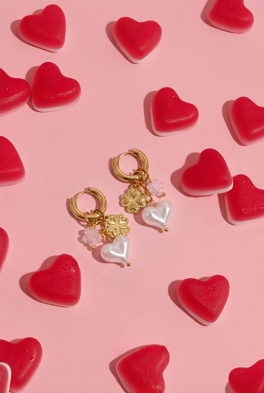 Earrings with flowers and heart pendants