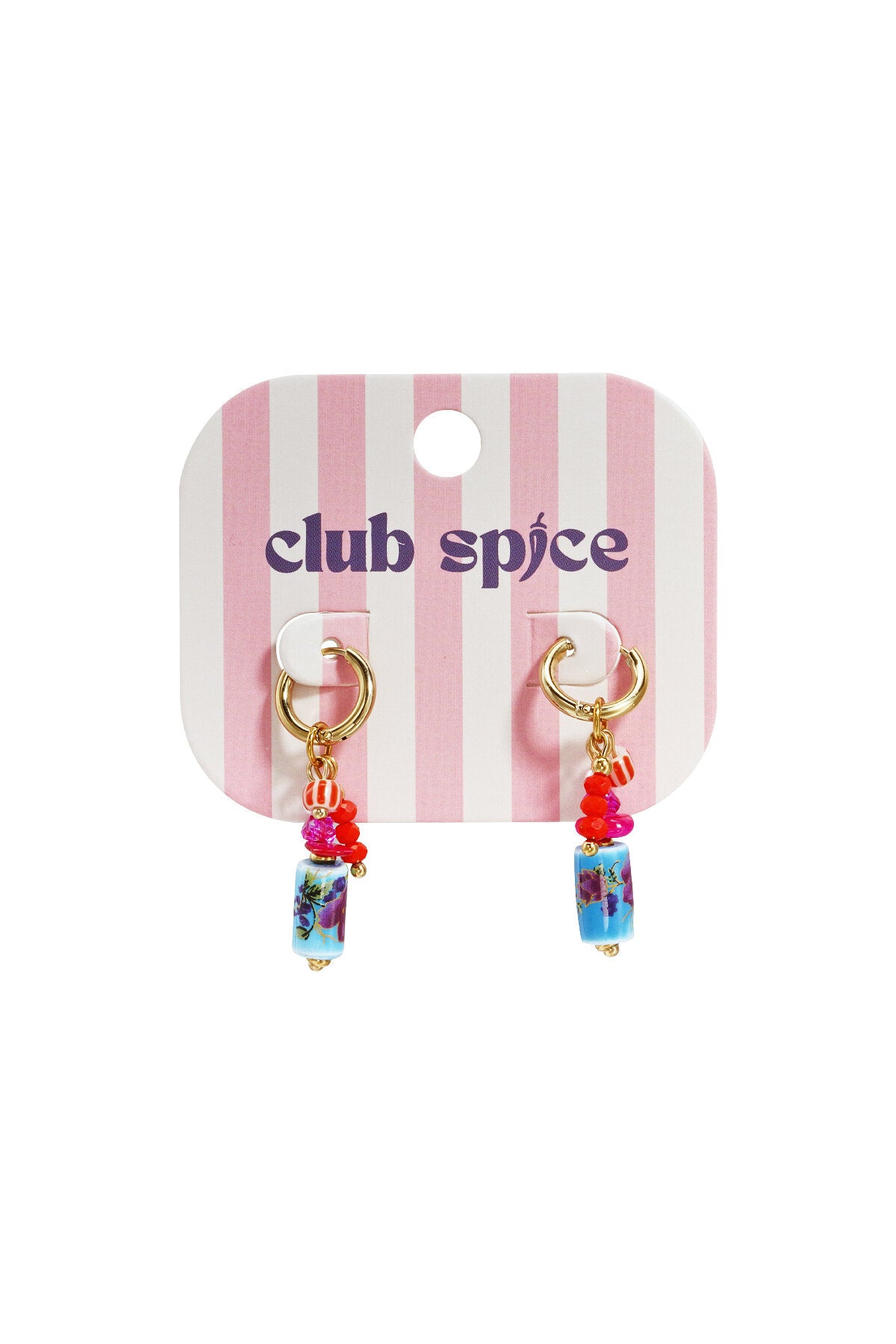 Earrings with dangling beads and a floral print