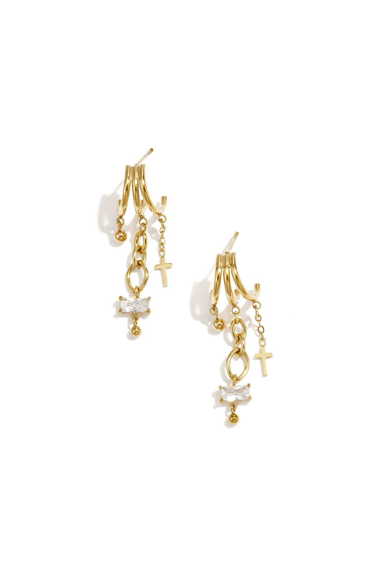 Triple earrings with cubic zirconia and cross charm