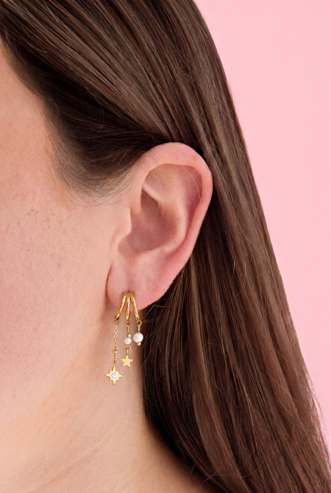 Triple earrings with pearl and star pendants