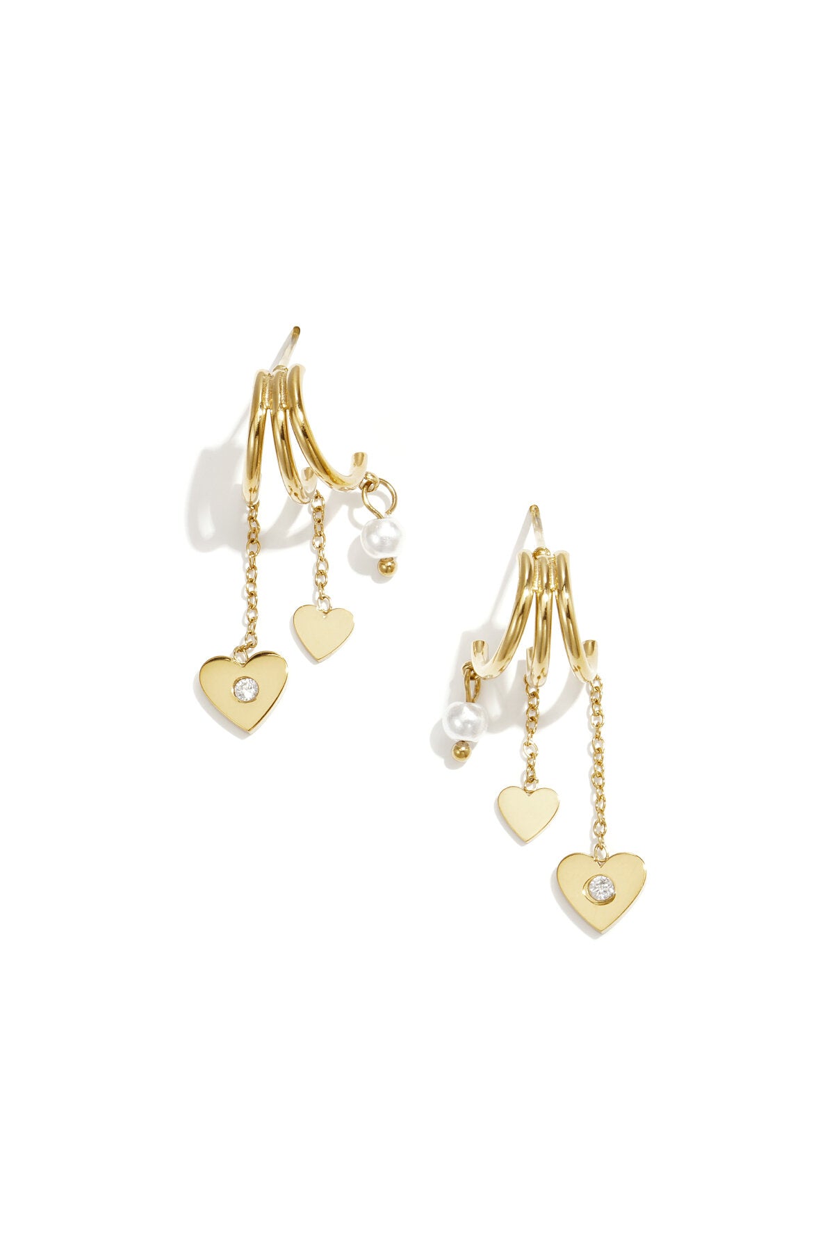 Triple earrings with heart pendants and pearl