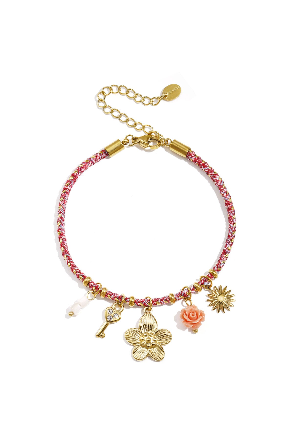 Colorful cord bracelet with varying orange pendants