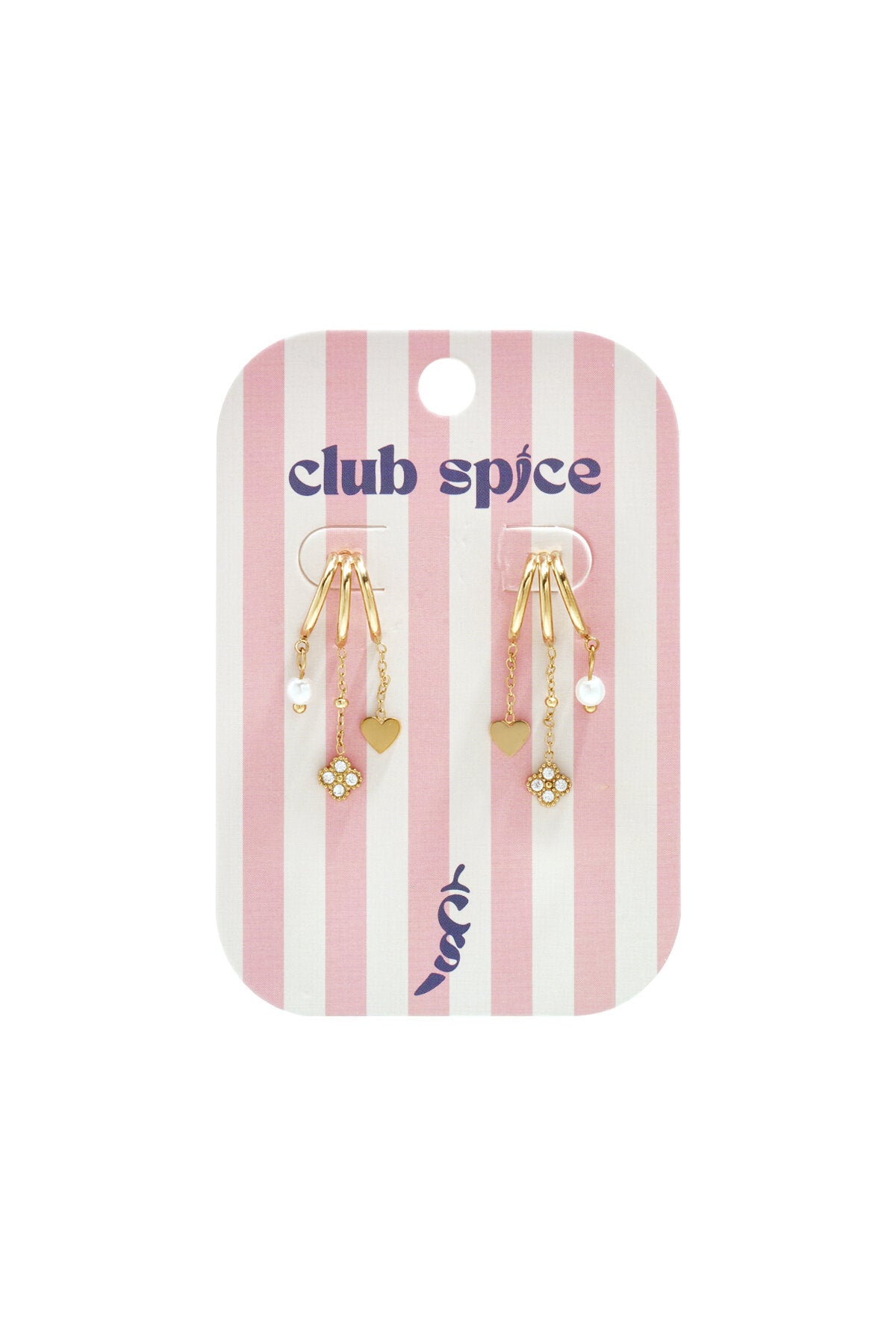 Triple earrings with dangling clover, heart, and pearl