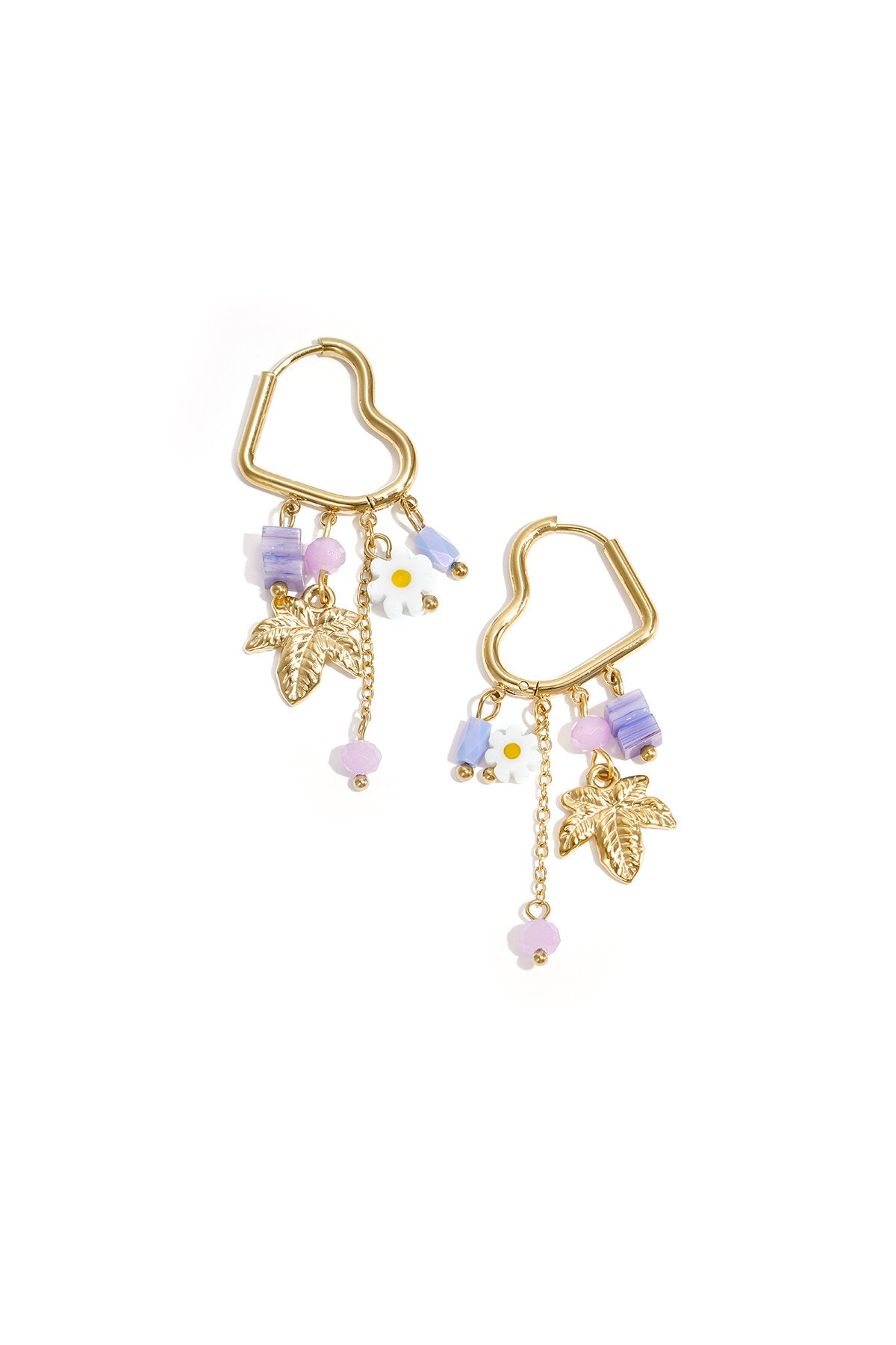 Heart-shaped hoop earrings with beaded pendants and charms