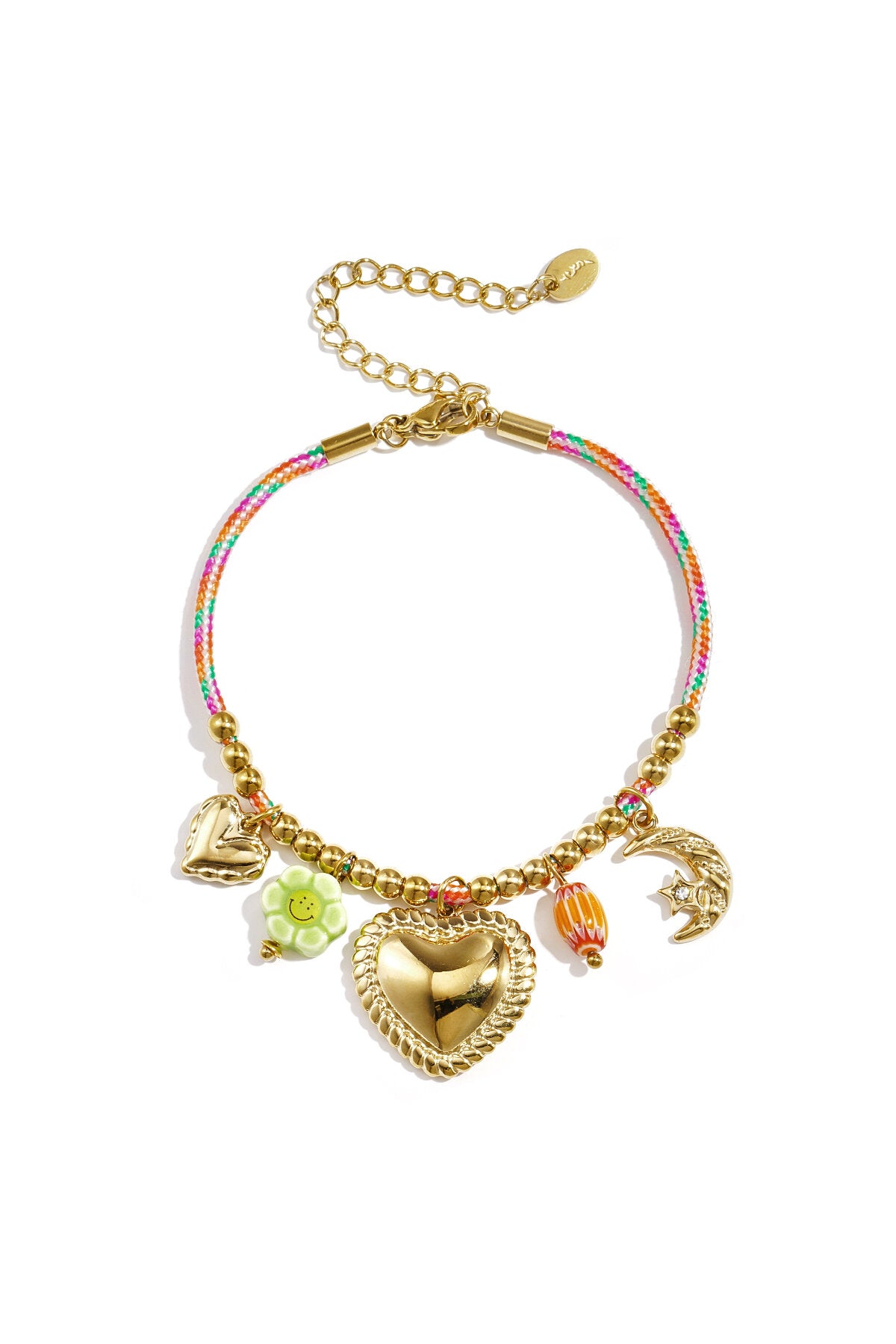 Colorful cord bracelet with various pendants and beads