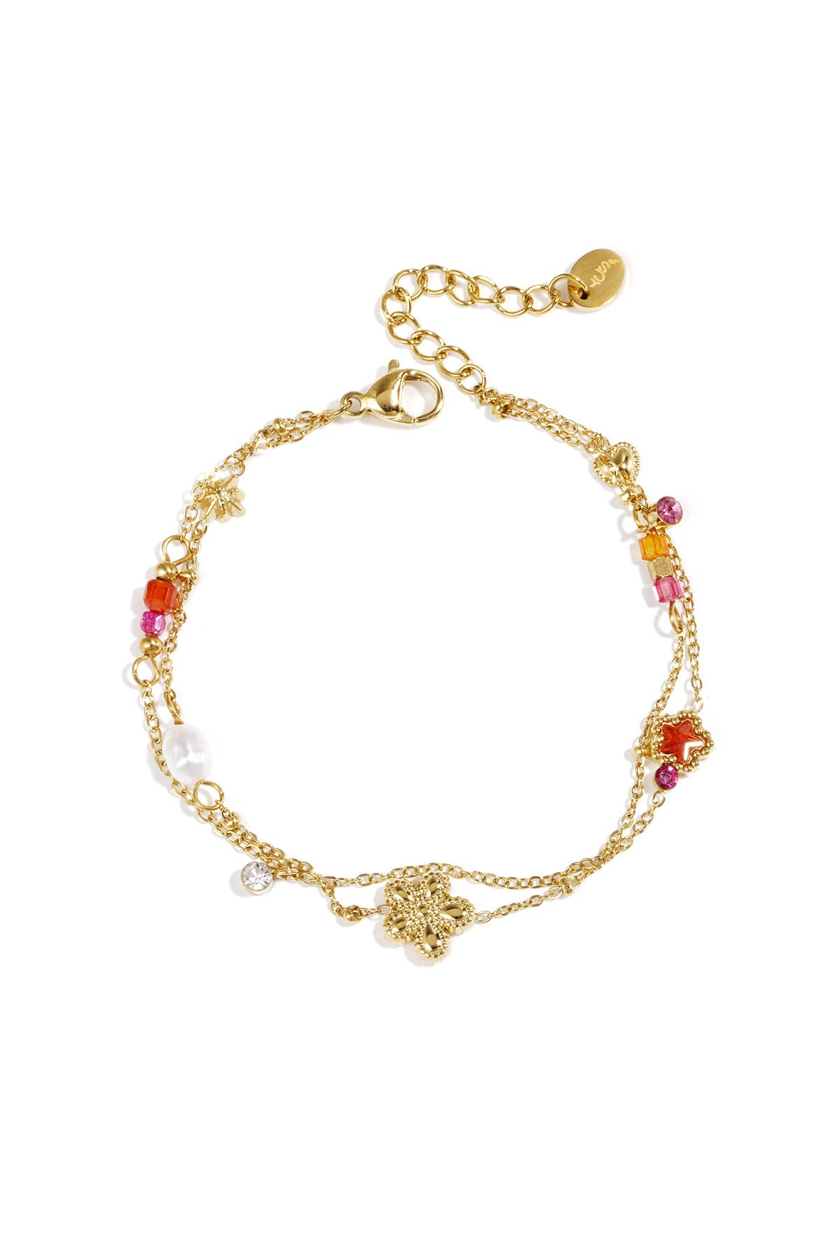 Charm bracelet with star and flower charms, pearls, stones and beads