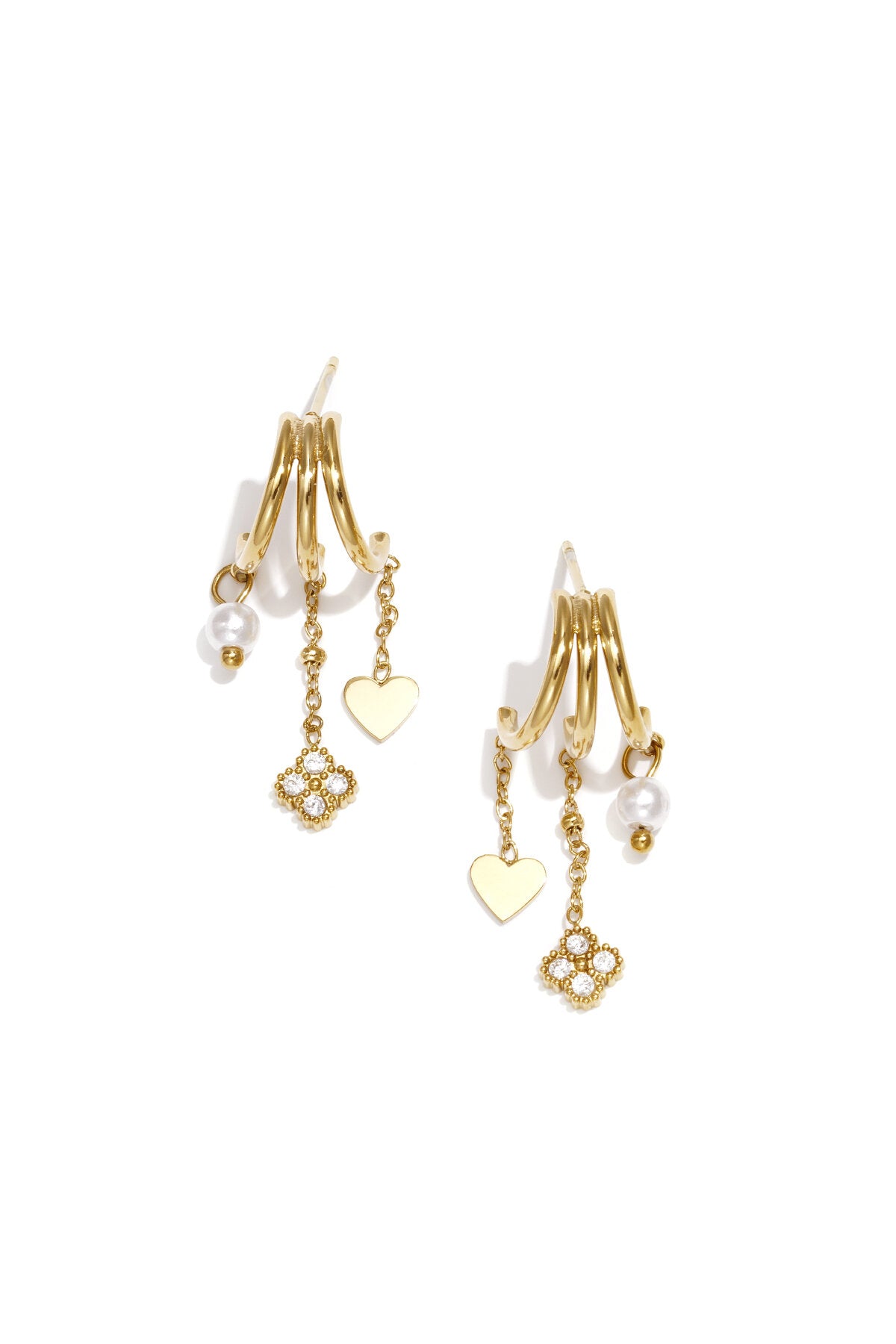 Triple earrings with dangling clover, heart, and pearl