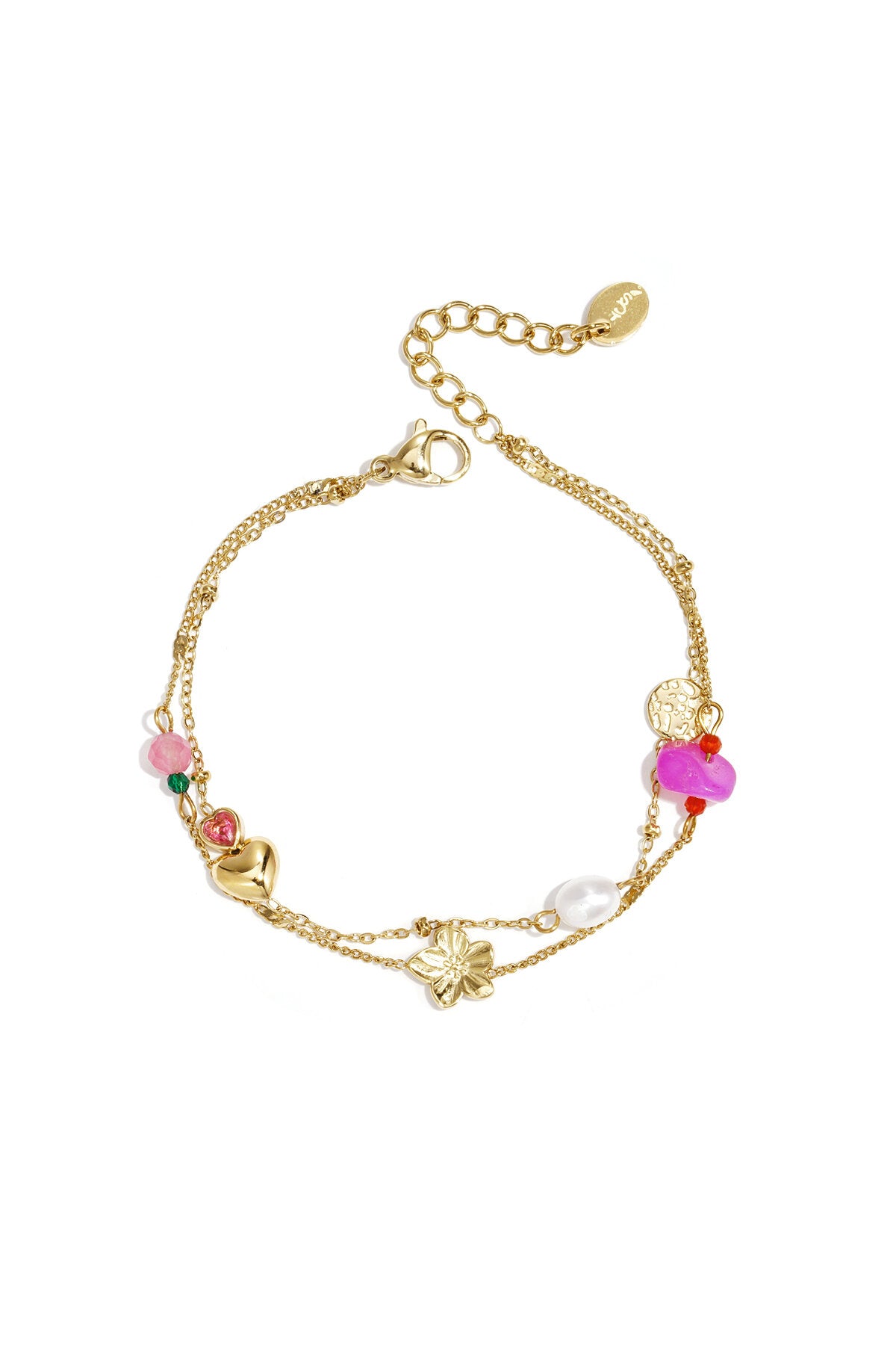 Charm bracelet with heart, flower, pearl and beads