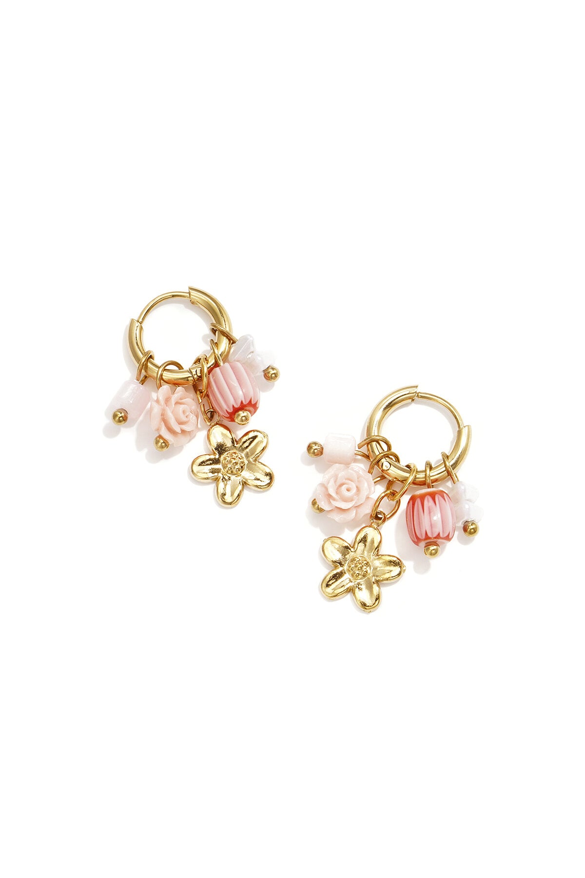 Small hoop earrings with flower, beads and rose pendant