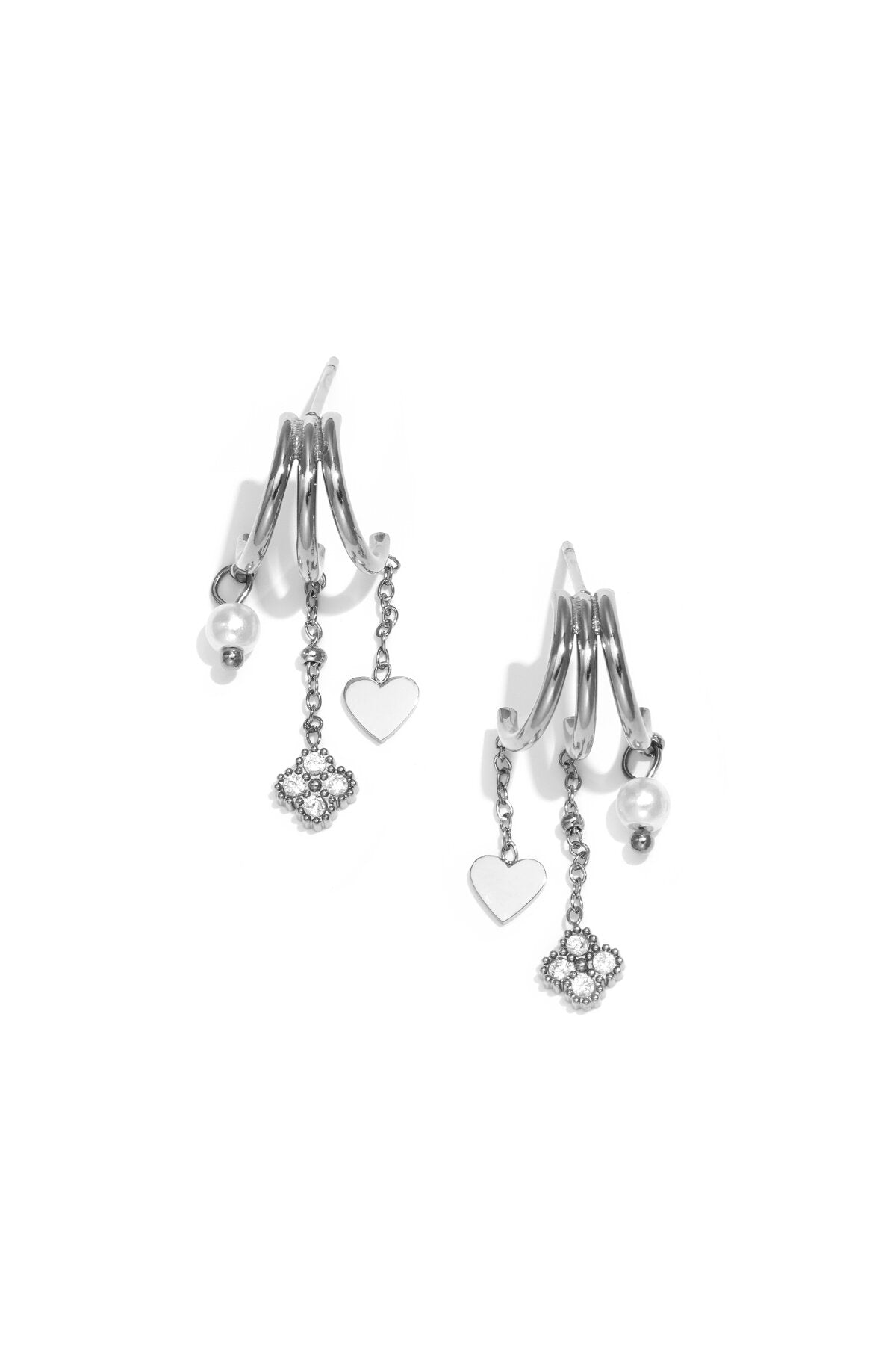 Triple earrings with dangling clover, heart, and pearl